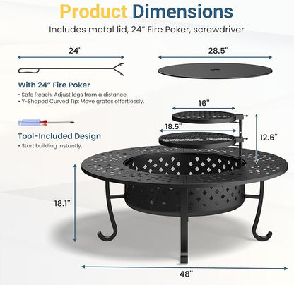 Wisteria Lane 3 in 1 48" Extra Large Fire Pit for Outside Wood Burning with 2 Adjustable Grills, Outdoor Fireplace with Lid and Fire Poker, BBQ & Bonfire & Round Metal Table for Patio, Backyard