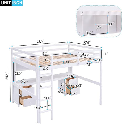 Full Size Loft Bed with Desk, Storage Cabinets, Drawers and Bedside Tray, Multifunctional Full Beds with Plug Outlets & 2 USB Port, White