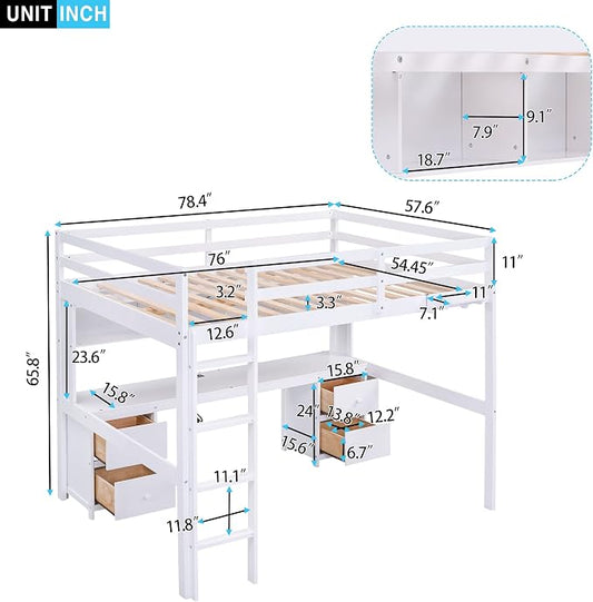 Full Size Loft Bed with Desk, Storage Cabinets, Drawers and Bedside Tray, Multifunctional Full Beds with Plug Outlets & 2 USB Port, White