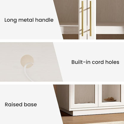 Fatmok Sideboard Buffet Cabinet with Storage Set of 2, 59” Modern Accent Cabinet with Glass Doors, Large Wood Arched Credenza Storage with Adjustable Shelves for Dining Room Entryway, White Wood Grain