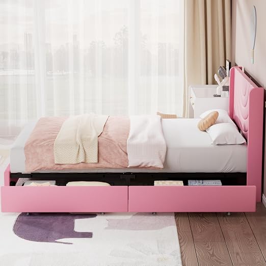 VECELO Full Bed Frame Upholstered Platform with 4 Drawers&Fabric Headboard,Wooden Slats Support/No Box Spring Needed/Mattress Foundation,Pink