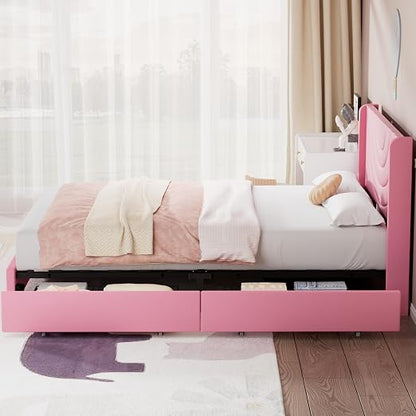 VECELO Full Bed Frame Upholstered Platform with 4 Drawers&Fabric Headboard,Wooden Slats Support/No Box Spring Needed/Mattress Foundation,Pink
