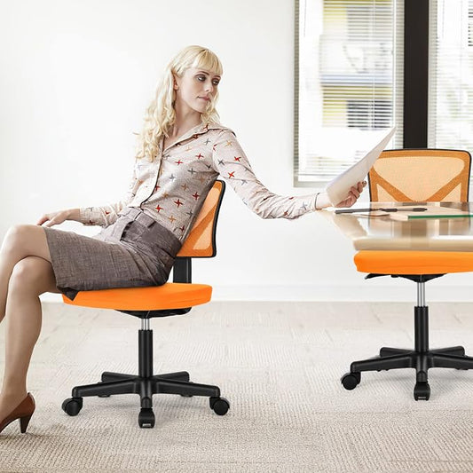 Sweetcrispy Ergonomic Low-Back Mesh Small Office Chair, Rolling Work Swivel Chairs with Wheels, Armless Comfortable Seat Lumbar Support for Home, Bedroom, Study, Student, Adults, Orange