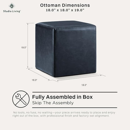 Studio Living® 18” Warren Ottoman Square Faux Leather Bench, Stationary Ottomans, Backless Chair, Footrest for Living Room, Footstool Office, Bedroom, Padded Seat, Navy Blue