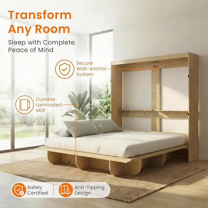CECER Horizontal Murphy Bed Queen，Save Space for Offices/Guest-Natural Wood | Multi-Functional Queen Murphy Cabinet Beds with Storage Shelf/Bookshelf，Sturdy frame ＆ Easy Assemble