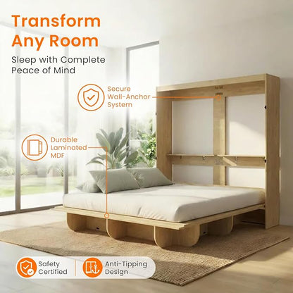 CECER Horizontal Murphy Bed Queen，Save Space for Offices/Guest-Natural Wood | Multi-Functional Queen Murphy Cabinet Beds with Storage Shelf/Bookshelf，Sturdy frame ＆ Easy Assemble