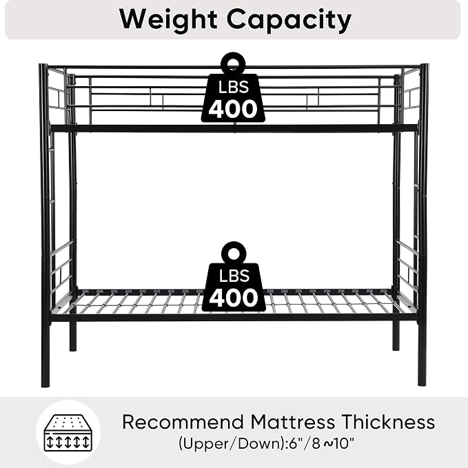 Metal Twin Over Twin Bunk Bed, Heavy-Duty Metal Bunk Bed, Noise Reduced Design/Safety Guardrail/2 Side Ladders/No Box Spring Needed (Black)