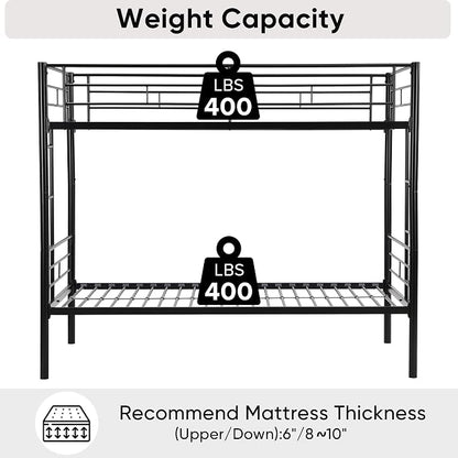 Metal Twin Over Twin Bunk Bed, Heavy-Duty Metal Bunk Bed, Noise Reduced Design/Safety Guardrail/2 Side Ladders/No Box Spring Needed (Black)