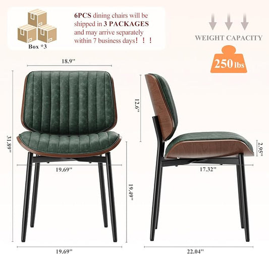 MALOL Leather Dining Chairs Set of 6, Modern Upholstered Dining Room Kitchen Chairs with Metal Legs and Wooden Back Support for Home Dining Room/Restaurant, Green