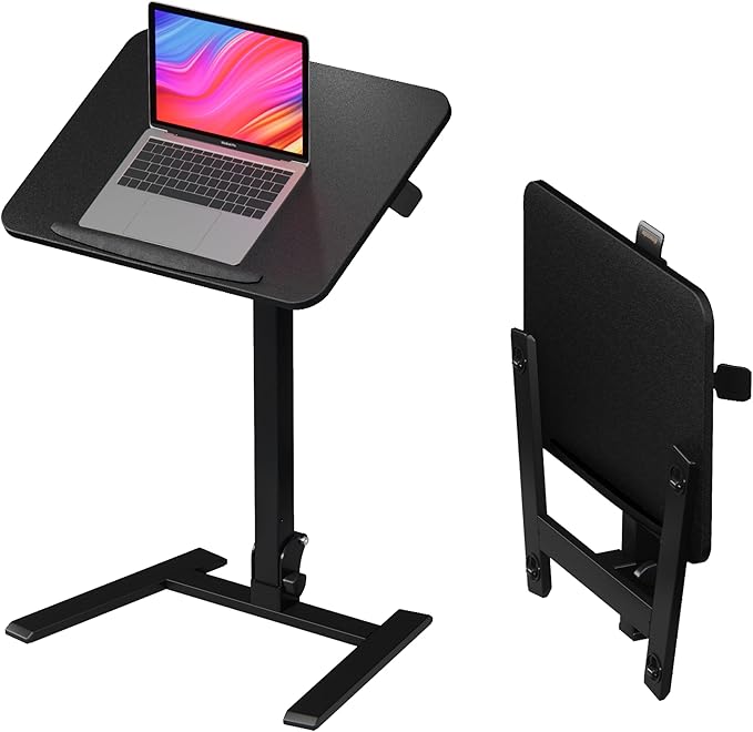 alawooder 25" Mobile Folding Desk: Pneumatic Sit-Stand, No Assembly | 29-42" Height Adjustable Rolling Laptop Desk, Hidden Wheels, 0-90° Tilt Top. Ideal for Home Office, Craft & Study.