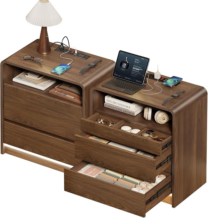Messenya Mid Century Modern Nightstand Set of 2 with Organizer for Bedroom | Top Soft Close Drawer of 23.6'' Bedside Table with 6 Compartments, Motion Sensor LED Light, Charging Station, Walnut Finish