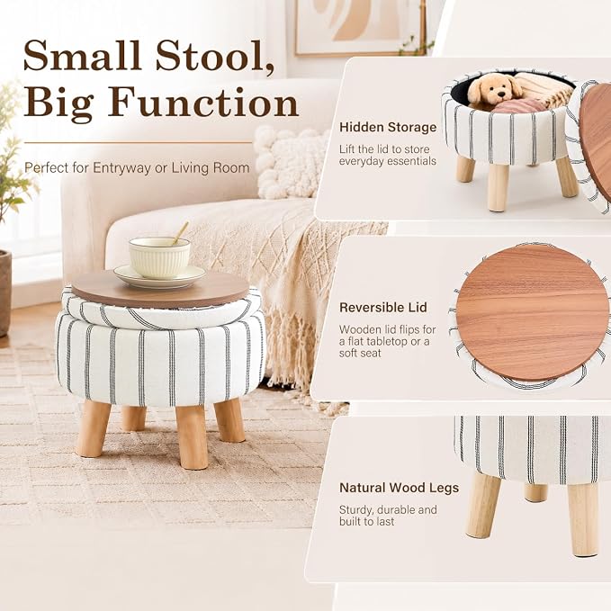 Wimarsbon Storage Ottoman, Modern Round Footrest with Soft Padded Seat, Striped Fabric Footstool with Wood Legs, Accent Small Table or Plant Stand for Hallway, Living Room (Black and White)