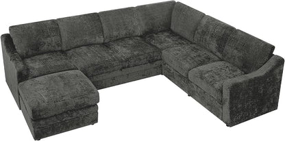 115 Inches Chenille Sectional Sofa with Storage Ottoman, Modern 7 Seats Corner Couch with Deep Seat, Comfy Modular U Shaped Couch with Comfortable Cushions for Living Room, Grey