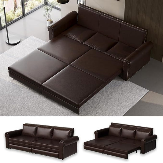 93.7" King Size Sleeper Sofa Bed, Pull Out Sofa Bed, Faux Leather Upholstery, 3 in 1 Convertible Sleeper Couch, Chaise Lounge, Retro Recliner for Living Room, Office, Apartment, Dark Brown