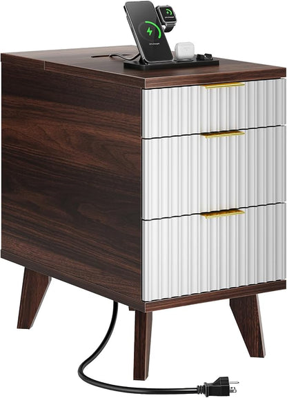 Kalrin Narrow Nightstand with Hidden Outlets & USB Ports, Modern Fluted Bedside Table with 3 Drawers, Engineering Wooden End Tables for Bedroom and Living Room(Brown & White)