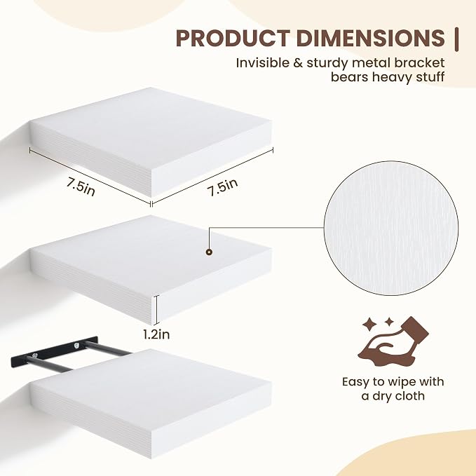 Fun Memories Floating Shelves for Wall - 7.5 Inch Square Shelves with Invisible Brackets, Small Wall Shelf for Living Room, Bathroom, Bedroom, and Kitchen Decor White Set of 3