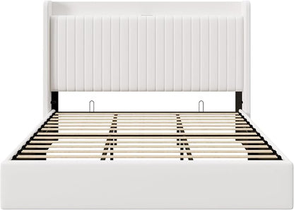 Allewie King Size Lift Up Storage Bed Frame,Storage Shelf Headboard with Charging Station,Type-C and USB Ports,Hydraulic Support,Velvet Upholstered Bed Frame,No Box Spring Needed,White