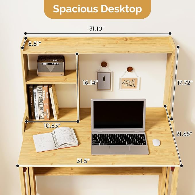 Bamboo Folding Desk with Bookshelf, Compact Computer Desk with Hutch for Small Spaces, Foldable Desk with Storage Shelf, Space-Saving Home Office Desk for Bedroom, Dorm, Apartment,Natural