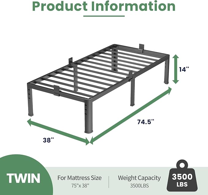 NKZ 14 Inch Twin Bed Frame, Sturdy Metal Platform with Round Corner Legs, 3,500 lbs Heavy Duty Steel Slat Support, Easy Assembly, Noise Free, No Box Spring Needed