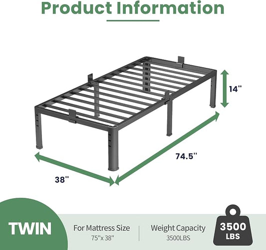 NKZ 14 Inch Twin Bed Frame, Sturdy Metal Platform with Round Corner Legs, 3,500 lbs Heavy Duty Steel Slat Support, Easy Assembly, Noise Free, No Box Spring Needed