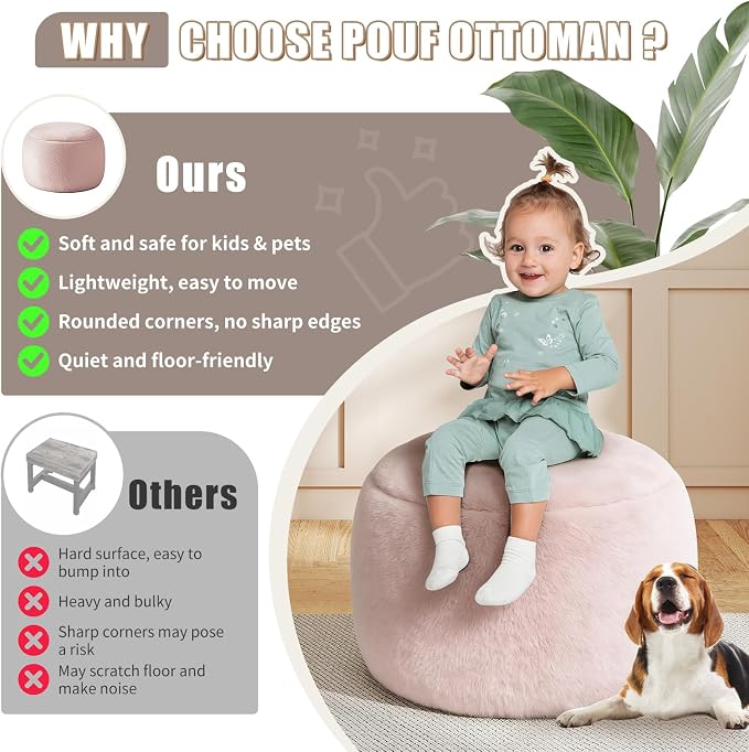 Gericco Round Stuffed Pouf Ottoman for Foot Rest, A Round Modern Foam Filled Poufs, Floor Chair for Living Room, Nursery, Dorm, A Soft Modern Foot Stool Perfect to Rest Your Feet (Pink, 20Inch)