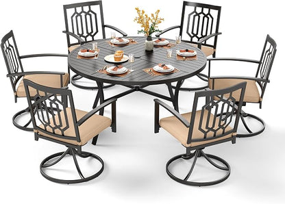PHI VILLA 7 Pieces Round Outdoor Dining Set for 6, 54" Black Wrought Iron Table with Umbrella Hole & Swivel Metal Steel Chairs, Outside Furniture Set for Patio, Porch, Deck, Backyard