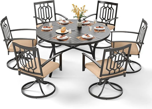 PHI VILLA 7 Pieces Round Outdoor Dining Set for 6, 54" Black Wrought Iron Table with Umbrella Hole & Swivel Metal Steel Chairs, Outside Furniture Set for Patio, Porch, Deck, Backyard
