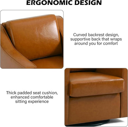 Swivel Accent Chair, Modern Round Barrel Arm Chair for Living Room, Bedroom, Comfy Club Reading Chairs for Adults (Leather Brown, Set of 1)