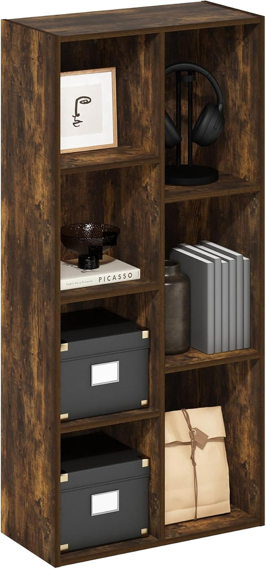 Furinno LUDER Book Shelf, 7-Cube Bookshelf, Bookcase with Open Shelves, 9.4 x 19.5 x 41.7, Easy Assembly, for Living Room, Bedroom, Home Office, Amber Pine