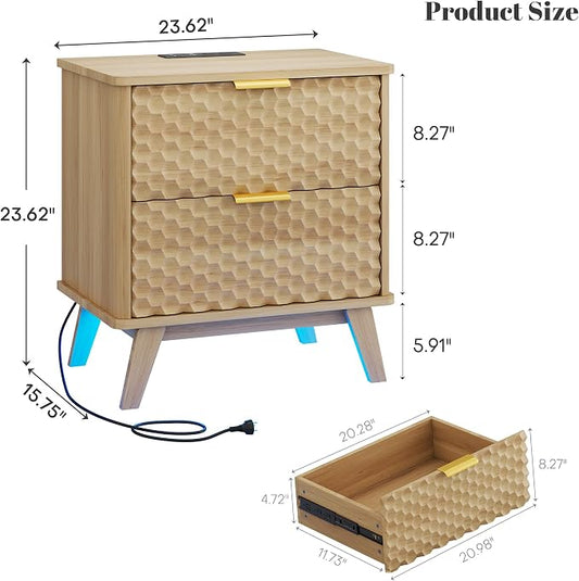 LVSOMT Smart Nightstand with Charging Station and LED Lights, 23.62" Wide Night Stand with 2 Drawers, Motion Sensor Motion-Activated Underlight, Honeycomb Bedside Table for Bedroom, Natural Oak