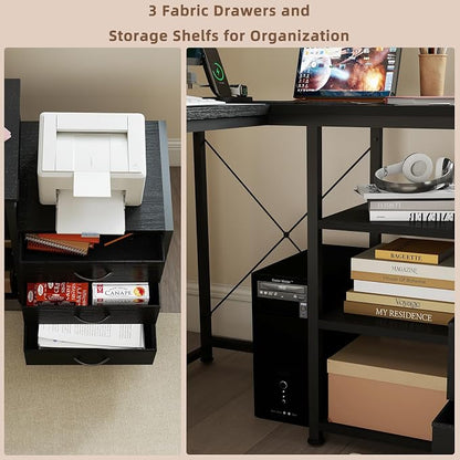 YOSHOOT 55" L Shaped Computer Desk with 3 Fabric Drawers, Gaming Desk | Office Desk with Power Outlets & Open Shelves, Corner Desk L Shape for Home Office Work Study, Black