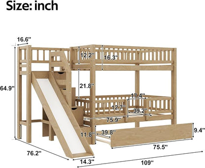 Twin Over Twin Bunk Bed with Storage Staircase, Slide and Trundle,for Kids Teens Adults Bedroom Use (Walnut-ST, Twin Over Twin)