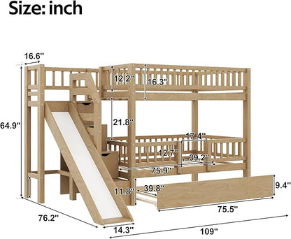 RUNNA Twin Over Twin Bunk Bed with Slide,Trundle,Storage Stairs,Walnut | Twin over twin bunk bed with slide,trundle,storage stairs,solid pine wood frame, guardrails,no box spring needed,walnut