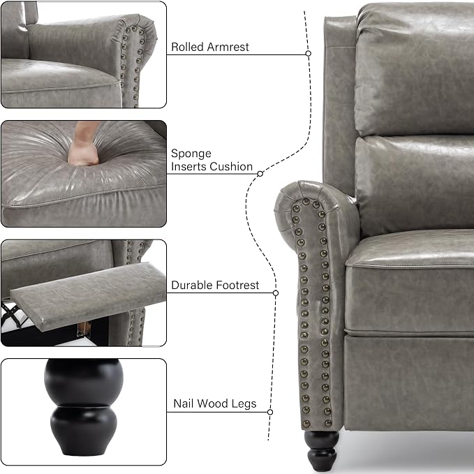 Faux Leather Recliner Chair, Modern Pushback Armchair with Adjustable Backrest & Footrest for Bedroom, Living Room