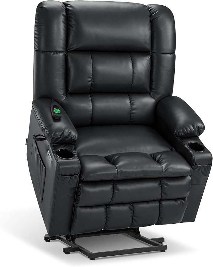 MCombo Dual Motor Power Lift Recliner Chair for Elderly, Lay Flat Lift Chair with Heat and Massage, Oversized Lift Recliner for Big and Tall, Faux Leather R7891 (Black, Large-Wide)