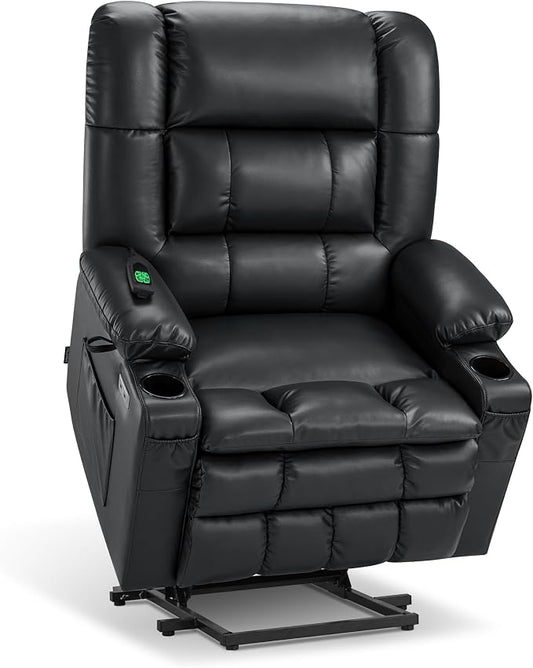 MCombo Dual Motor Power Lift Recliner Chair for Elderly, Lay Flat Lift Chair with Heat and Massage, Oversized Lift Recliner for Big and Tall, Faux Leather R7891 (Black, Large-Wide)