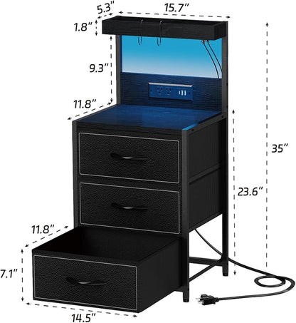 SZLHANJZ LED Nightstand with Charging Station, Night Stand with 3 Drawers and Lights, Storage Side Table with Shelf and Hooks, Tall End Table for Bedside, Bedroom, Modern Black