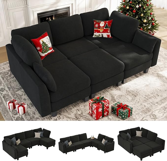 Sectional Sleeper Sofa, 6 Seaters Modular Sleeper Sofa Couch, Comfy Sectionals Couches Bed, Convertible Sofas with Ottomans, Modular Sectional Couches for Living Room, Black
