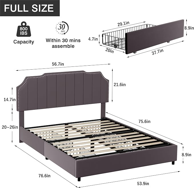 VECELO Full Velvet Upholstered Platform Bed Frame with 4 Rollers Storage Drawers,Full Size Bed with Tufted Height Adjustable Headboard,Wooden Slats/No Box Spring Needed/Easy Assembly