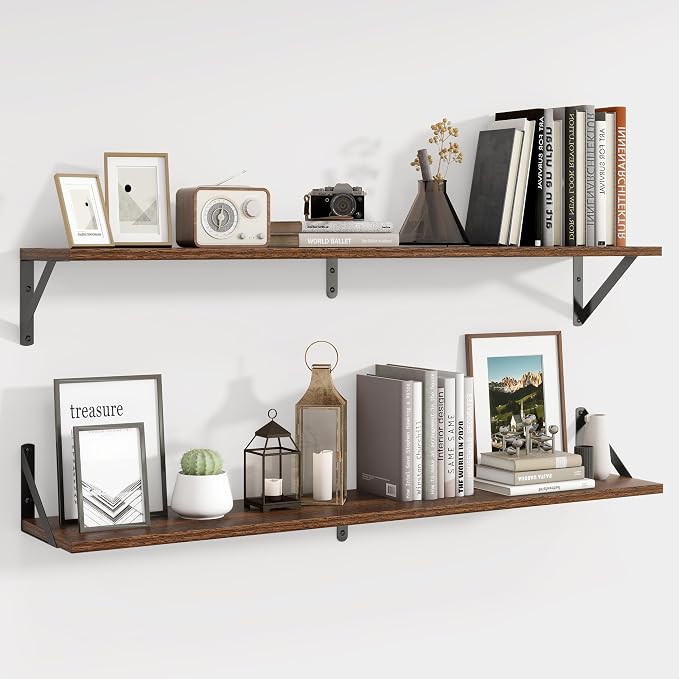 Axeman 40'' x 8'' Floating Shelves Set of 2, Rustic Walnut Wall Shelves with Brackets, Engineered Wood, Includes Mounting Hardware, 45Lbs, Ideal for Books, Plants, Kitchen Utensils and Decorations