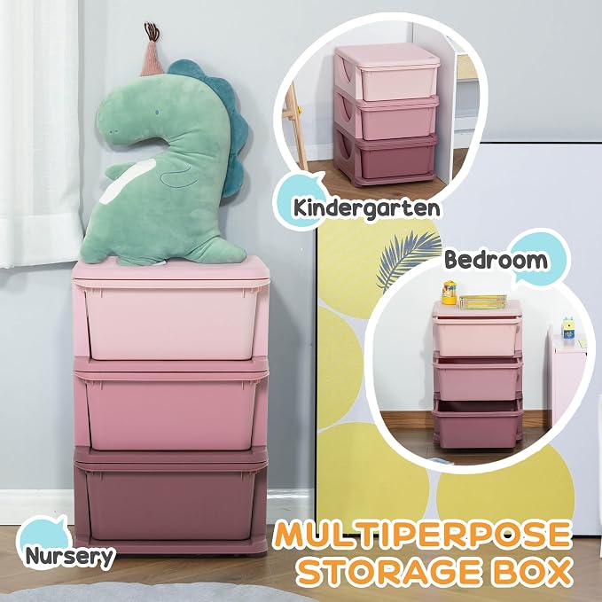 Qaba 3 Drawers Kids Storage Unit, 3 Tier Stackable Toy Organizers and Storage Chest for Bedroom, Nursery, Playroom, Living Room, Boys, Girls, Toddlers, Pink