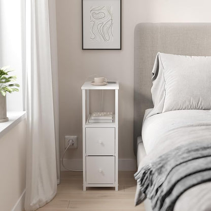 TUTOTAK Small Narrow End Table with Charging Station, Side Table with Outlets, Nightstand with 2 Cloth Drawers, Couch Table, for Living Room, Bedroom, Bedside, White TB01BW085
