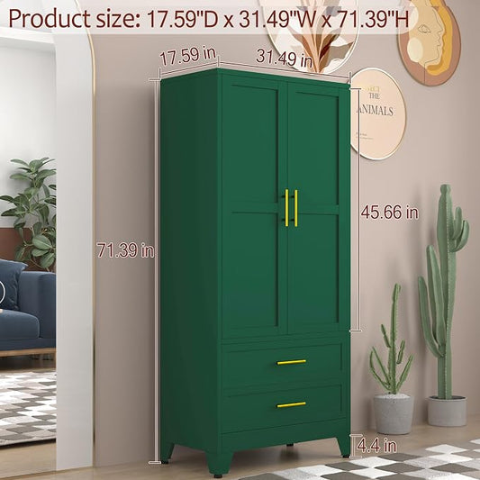 winiowa Metal Armoire Wardrobe Closet with 2 Drawers, 71" Wardrobe Cabinet with Adjustable Shelves and Hanging Rod, Clothing Storage Cabinet Closet for Bedroom-Green