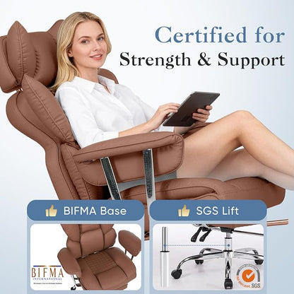 DUMOS Big and Tall Office Chair 400 LBS, Scratch-Resistant PU Leather Executive Office Desk Chair with Footrest, Ergonomic Reclining Computer Chairs with Pocket Spring Support, Brown