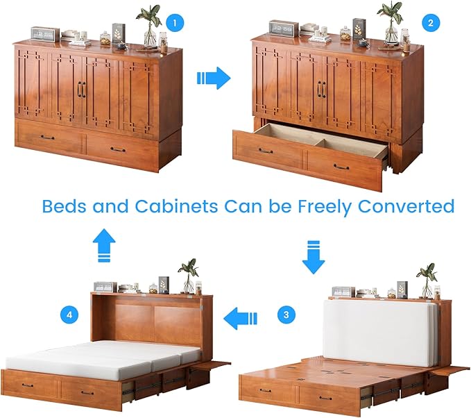 PUREMIND Queen Murphy Bed with Mattress Included, Solid Wood Cabinet Bed with Storage Drawer, USB Charging Ports and Folding Tray, Space Saving Hideaway Murphy Beds Cabinet for Guest Room
