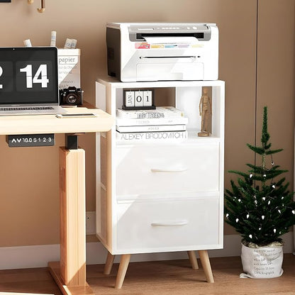 Aenuert Night Stand, White Nightstand with Fabric Drawers, Wooden Side Table with Open Storage, 3-Tier Modern End Table, Bedside Table for Small Space, Living Room, Bedroom