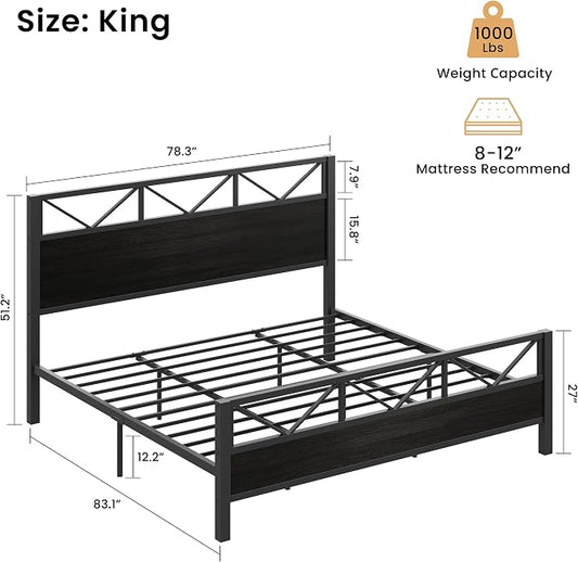LIKIMIO King Bed Frame, Tall Industrial Headboard 51.2 ", Platform Bed Frame with Strong Metal Support, Solid and Stable, Noise Free, No Box Spring Needed, Easy Assembly, Black