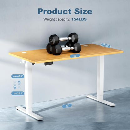 DUMOS 63 Inch Electric Standing Desk Height Adjustable, Sit to Stand Computer Workstations Large Work PC Table Home Office Writing Gaming Desks with Memory Presets for Walking Pad, Bedroom, Oak