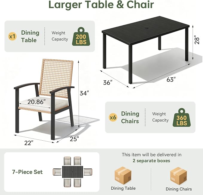 Aoxun 7-Piece Patio Table and Chairs Set for 6 with Umbrella Hole, Outdoor Dining Set with 6 Wicker Chairs and 1 Rectangular Metal Table, Patio Dining Sets with Soft Cushion for Backyard, Garden