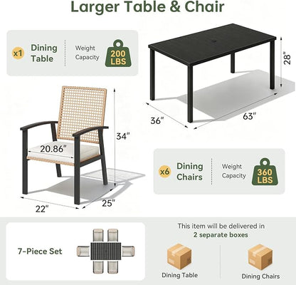 Aoxun 7-Piece Patio Table and Chairs Set for 6 with Umbrella Hole, Outdoor Dining Set with 6 Wicker Chairs and 1 Rectangular Metal Table, Patio Dining Sets with Soft Cushion for Backyard, Garden